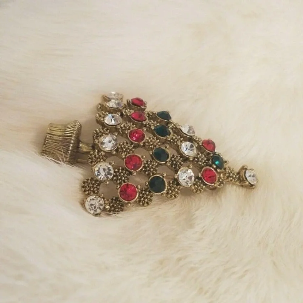 Vintage Christmas Tree Brooch Pin Red Green White Rhinestone 3D Holidays 4880